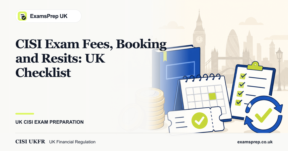A UK exam budget and booking checklist with pound coins, calendar, workbook and resit loop, created for the CISI Exam Fees, Booking and Resits: UK Checklist guide.