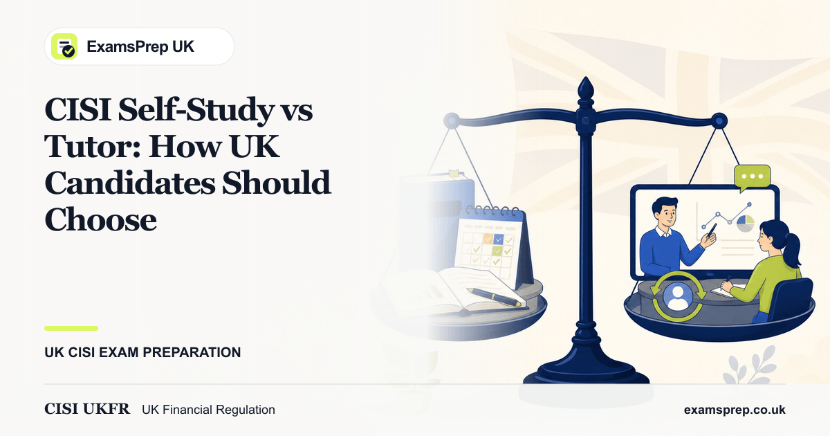 A balanced scale comparing an official workbook and self-study plan with a live tutor and feedback board, created for the CISI Self-Study vs Tutor: How UK Candidates Should Choose guide.