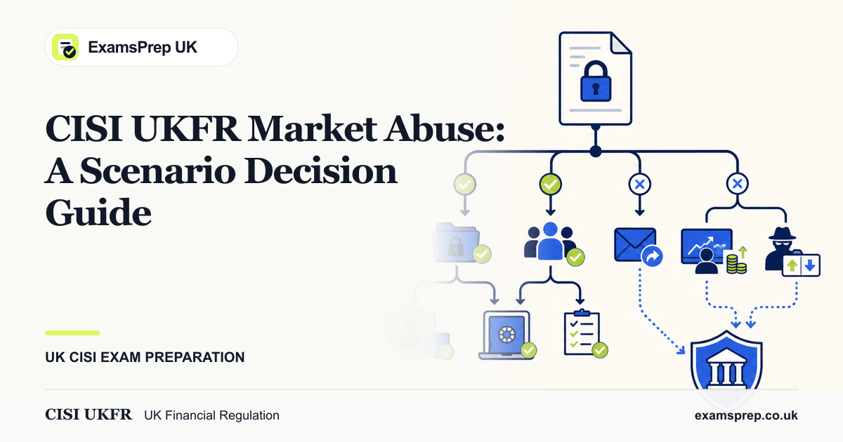 UKFR market-abuse decision tree illustration separating inside information, dealing, disclosure, manipulation and reporting.