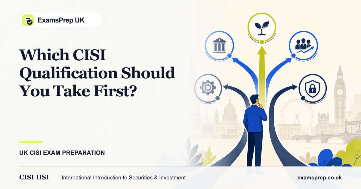 A UK finance career map branching into foundation, regulation, wealth, operations and financial-crime paths, created for the Which CISI Qualification Should You Take First? guide.